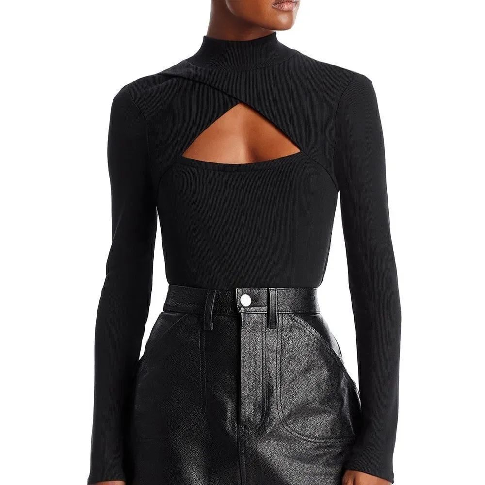 PAIGE Women's Sonata top mock neck front cutout ribbed fabric in black size S